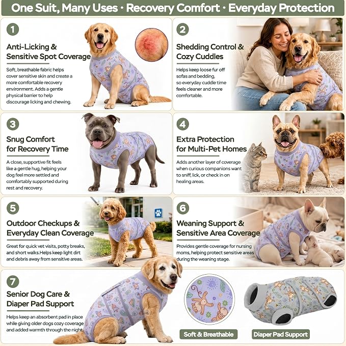 PetWarm Recovery Suit for Dogs, Dog Surgical Recovery Suit Female and Male, Dog Onesie for Surgery, Anti-Licking Dog Surgery Recovery Suit, Monkey Pattern, Grey, 2XL
