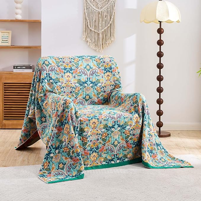 XIBLC Boho Blanket Throw Quilt, 100% Cotton Soft Light Weight Throw Blankets for Summer, 80"x90" Farmhouse Flower Decorative Blankets, All Season Rustic Reversible Bohemian Throw Quilt