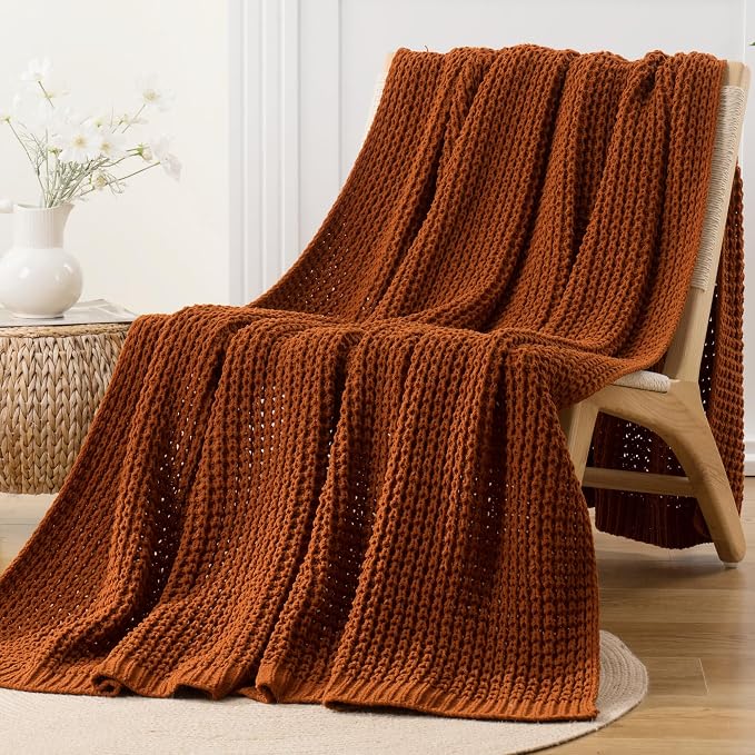 Waffle Knit Blanket Throw, Fall Caramel Throw Blanket for Couch, 60"x80" | Chunky Chenille Throw Blanket, Soft Rust Throw Blanket for Home Decor, Autumn, Sofa, Modern Farmhouse Knitted Style