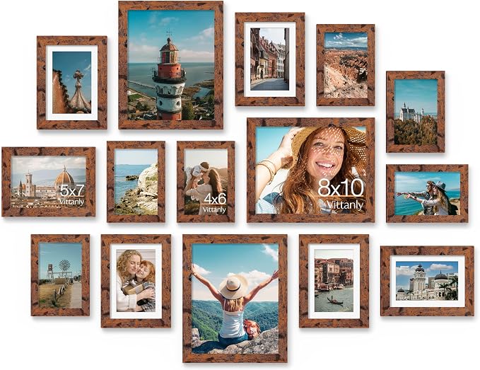 Vittanly 15 Pack Picture Frames Collage Wall Decor, Wall/Tabletop Display | Rustic Brown, Multi-Size Gallery Wall Frame Set: 3pcs 8x10, 6pcs 5x7, 6pcs 4x6. Picture Frame Set for Family