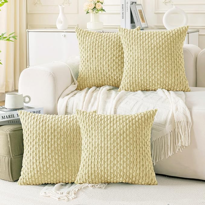 Set of 4 Pale Yellow Decorative Throw Pillow Covers 20x20 Inch Corduroy Pillow Covers for Bed Couch Sofa Living Room Soft Square Cushion Cases
