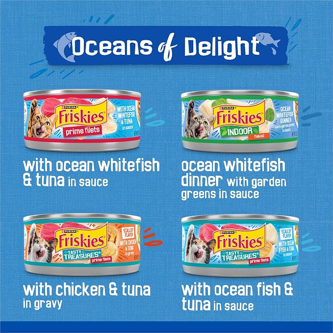 Friskies Purina Wet Cat Food Variety Pack, Oceans of Delight Flaked and Prime Filets - 5.5 oz. Cans (Pack of 80)