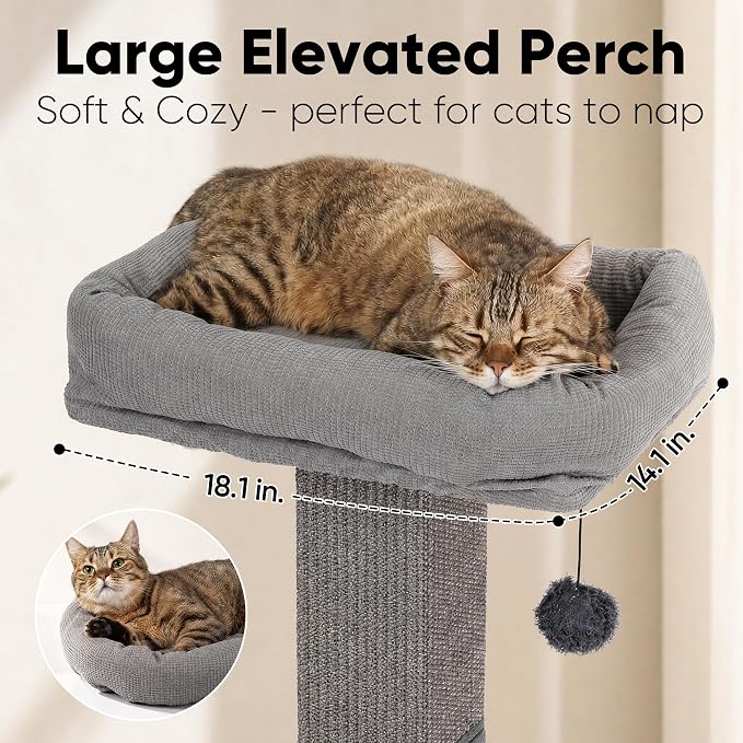 FUKUMARU Retro-Style Cat Scratching Post with Perch for Indoor Adult Cats | 28.7" Elevated Tall Cat Bed, Solid Wood Large Cat Scratcher Tower with Bed, Aesthetic Cat Tree Furniture with Natural Sisal