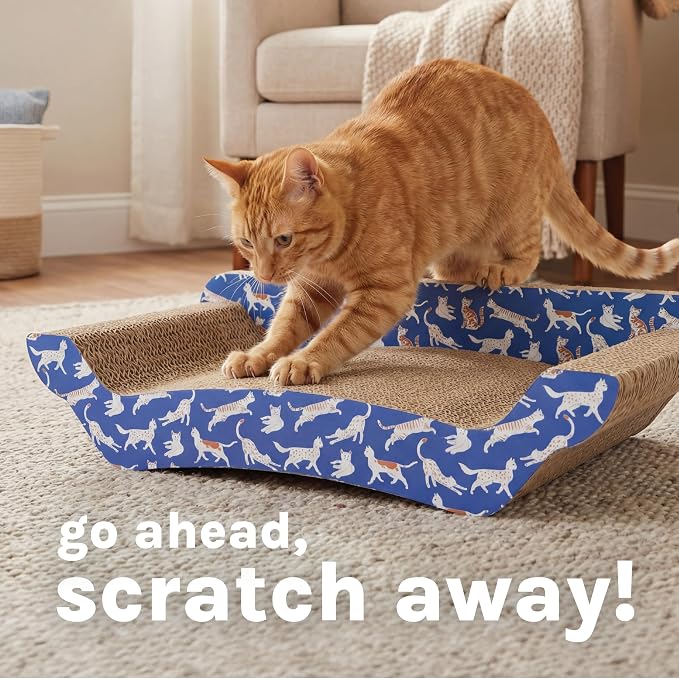 Kitty City Corrugate Sofa Lounger Cat Scratcher - Couch Bed Scratch Pad, Horizontal Nail File Scratch Mat for Indoor Cats, Sturdy Construction Cat Toy - Orange Kitty Pattern, 17” x 9.5”