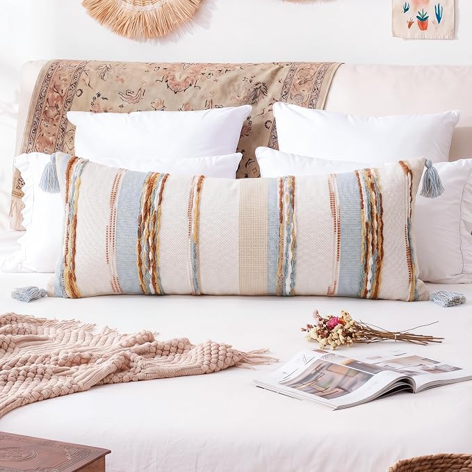 PANOD Boho Long Lumbar Throw Pillow Cover 16 x 36 Blue Brown, Chenille Morocan Extra Long Pillow Case Cover, Decorative Long Pillow for Bed Couch Sofa Farmhouse