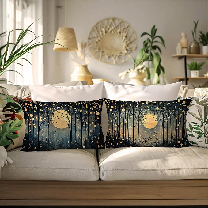 Vintage William Morris Inspired Gold Moon Pillow Covers 20x12 Set of 2,Rustic Black and Gold Forest Moon Botanical Nature Landscape Decorative Throw Pillow Covers for Home Bedroom Living Room