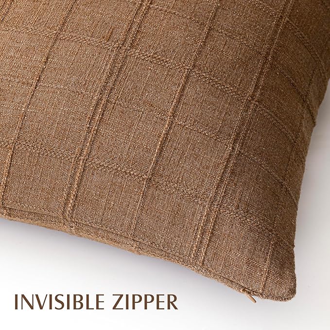 Foindtower Set of 2 Decorative Linen Check Throw Pillow Covers Neutral Farmhouse Lumbar Cushion Covers Modern Boho Home Decor for Sofa Chair Couch Bedroom Living Room,12×24 Inch,Brown Hazel