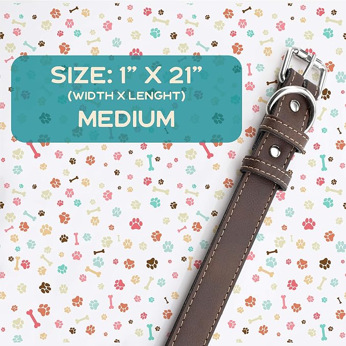 Personalized Leather Dog Collar | 3 Adjustable Sizes - 9 Icons with Your Pet's Name | Medium - Chestnut | - Safe&Secure Pet Collars with ID, Custom Text for Dogs and Puppy - Small Medium Large Puppies