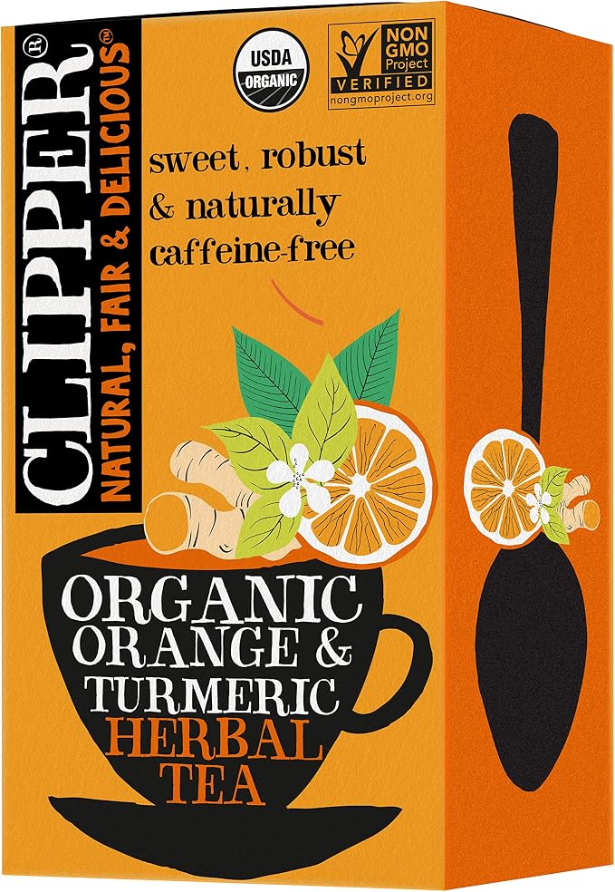 Clipper Tea, Orange & Turmeric, Organic Tea with Licorice Root, Orange Peel and Hibiscus, Plant Based Herbal Tea, Caffeine Free British Tea, 1 Pack, 20 Unbleached Tea Bags