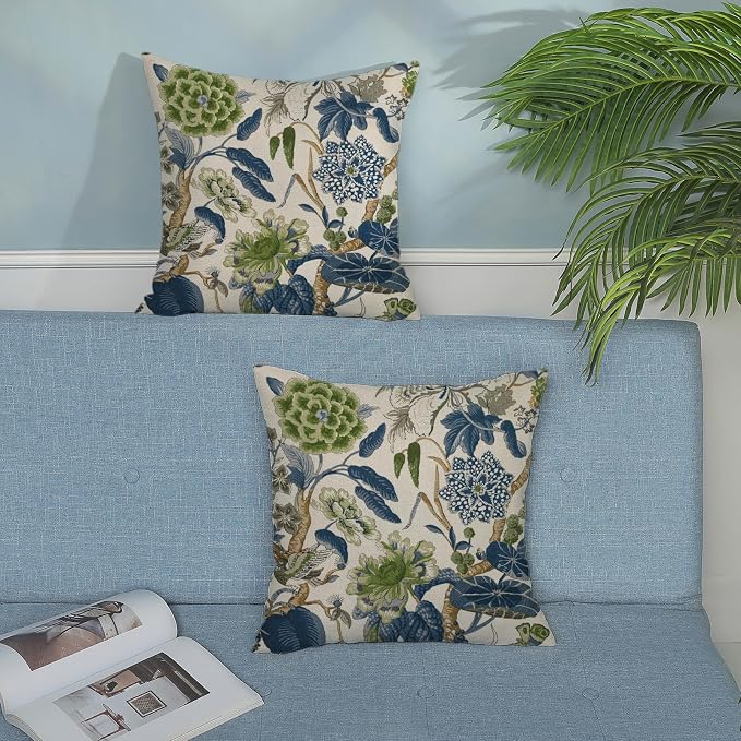 Green Navy Blue Pillow Covers 18x18 Inch Set of 2 Vintage Blue Floral Throw Pillows Chinoiserie Flower Decorative Pillow Case Outdoor Linen Farmhouse Cushion Cover for Couch Sofa Decorations