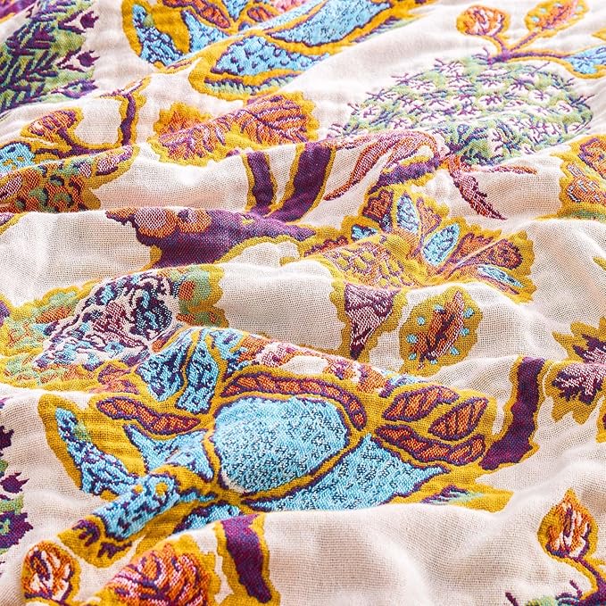 XIBLC Boho Throw Blanket for Bed, 100% Cotton Soft Rustic Quilt Fall Blanket, 50"x60" Floral Printed Farmhouse Decor Bed Blankets, All Season Rustic Reversible Bohemian Throw Quilt
