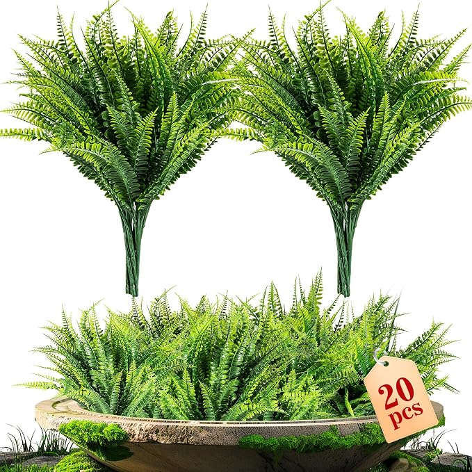MAQIHAN 20PCS Fake Fern for Outdoor - Artificial Boston Fern Stems Decor | Realistic Fake Greenery for Large Planters, Vase, Porch, Patio, Garden Decor, Faux Plants for Indoor, Outdoor Home Decoration
