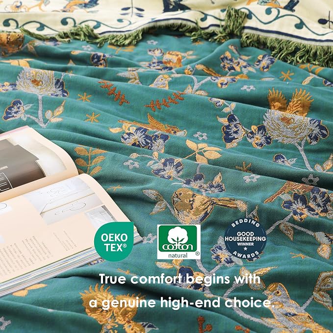 VANJOROY Boho 100% Organic Cotton Muslin Large Throw Blanket 60" x 80" - All Season Rustic Ultra Soft Breathable Floral Bird Blanket for Bed Sofa Couch Chair Bedspread Quilt Gift,-Teal/Green
