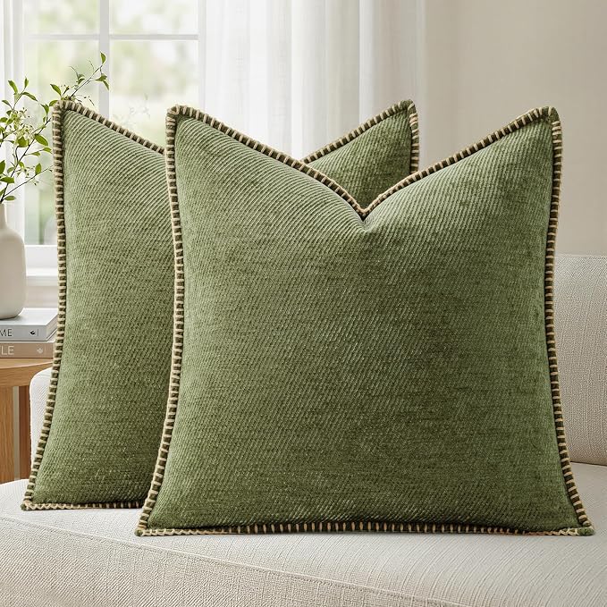 a moment Pack of 2 Decorative Chenille Throw Pillow Covers with Twill Cushion Covers for Sofa Living Room Couch Bed 22x22 Inch,Crafted Border Moss Green