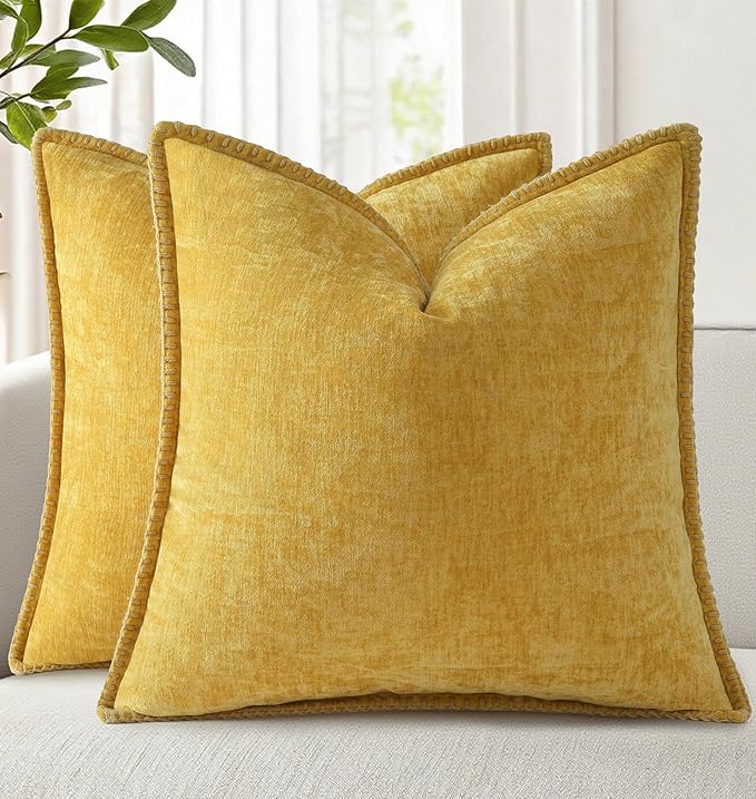 decorUhome Soft Chenille Throw Pillow Covers 16x16 Set of 2 Mineral Yellow | Fall Textured Decorative Throw Pillow Cases Stitched Edge Modern Farmhouse Luxury Boho Velvet for Couch Sofa Bed Home Decor