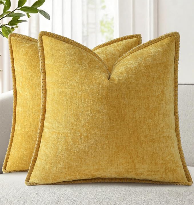 decorUhome Soft Chenille Throw Pillow Covers 26x26 Set of 2 Mineral Yellow | Fall Textured Decorative Throw Pillow Cases Stitched Edge Modern Farmhouse Luxury Boho Velvet for Couch Sofa Bed Home Decor