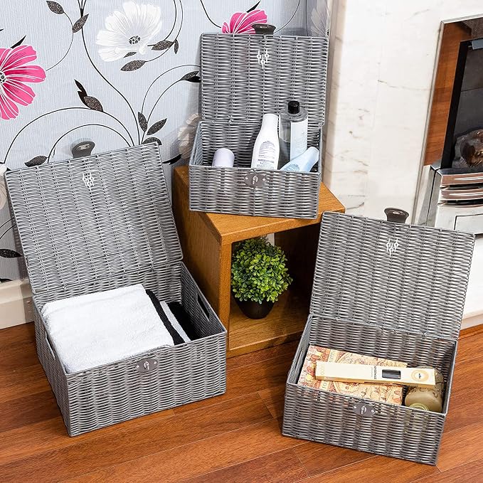 Set of 3 Woven Wicker Storage Basket Box with Lids & Lock, Built-in Carry Handles, Multifunctional Storage Organizer for Nursery, Baby, Clothes, Toys, Books, Large/Medium/Small Size (Grey)