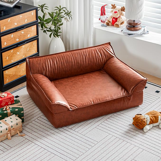 Large Leather Dog Sofa Pet Bed Couch for Large and Medium Dogs Under 70 lbs | Brown Luxurious Vintage Elevated Dog Sofa, Chaise Indoor Furniture Style Pet Supplies Low Maintenance