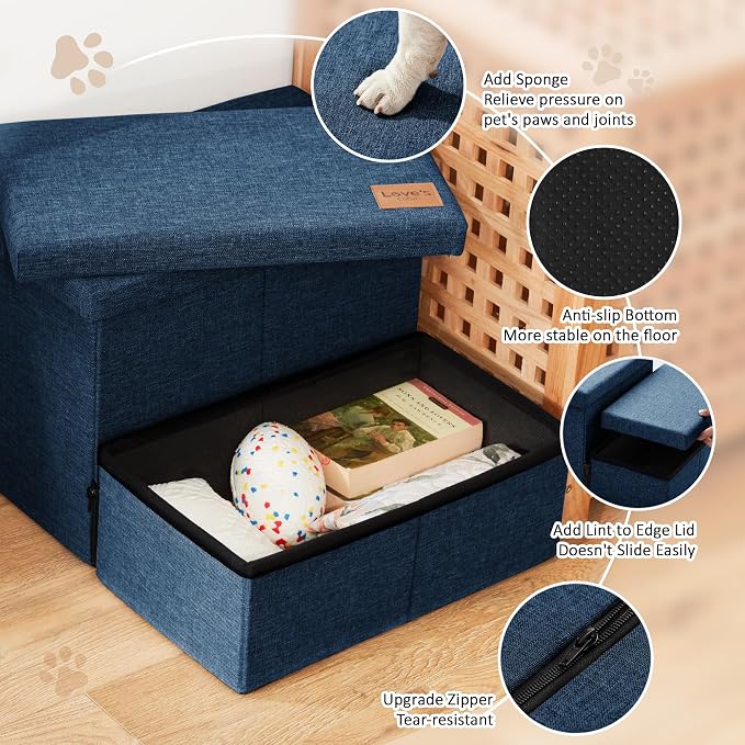 Love's cabin Dog Stairs for High Bed, Foldable Pet Stairs for Small Medium or Large Dogs Puppy with Storage for Bed or Couch, Cat Dog Steps Ramp with Zip up to 200 lbs, Navy Blue, 2 Steps