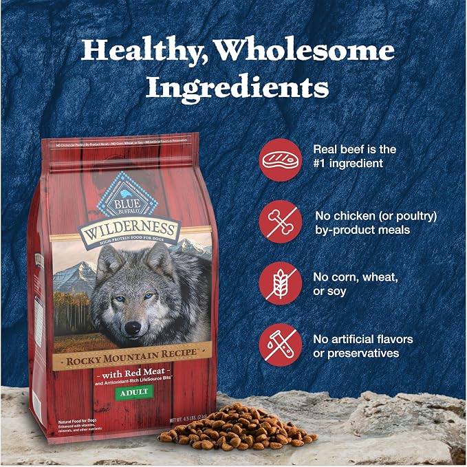 Blue Buffalo Wilderness Rocky Mountain Recipe Adult Dry Dog Food, 13 lb | 31g Protein, Real Beef #1 Ingredient, High Protein Red Meat with Wholesome Grains, Antioxidant-Rich Fruits & Veggies