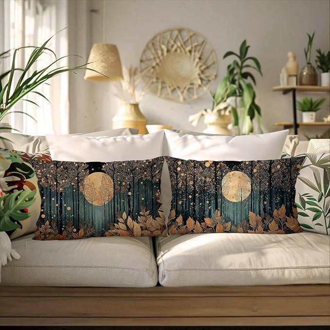 Vintage William Morris Inspired Gold Forest Moon Pillow Covers 20x12 Set of 2,Rustic Black and Gold Moon Landscape Nature Botanical Decorative Throw Pillow Covers for Home Bedroom Living Room