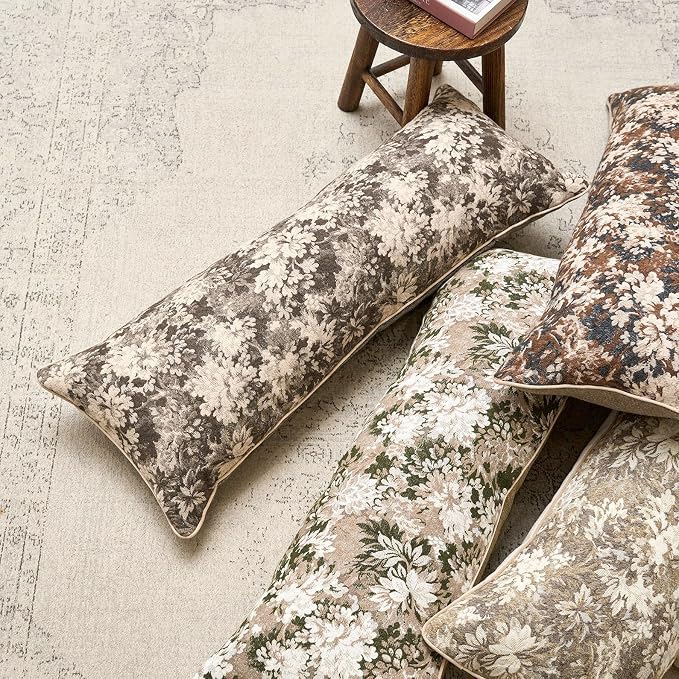 Neutral Floral Pillow Cover 14 x 36 Inches, Vintage Chenille Accent Throw Pillow Cover Soft Decorative Farmhouse Accent Couch Pillow Cover for Living Room Bedroom, Beige