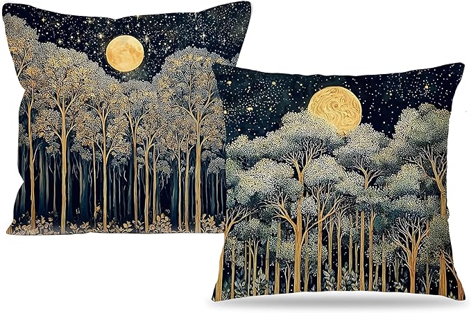 Rustic William Morris Night Forest Green Moon Decor Pillow Covers 18x18 Set of 2,Vintage Botanical Nature Landscape Decorative Throw Pillow Covers for Home Bedroom Living Room