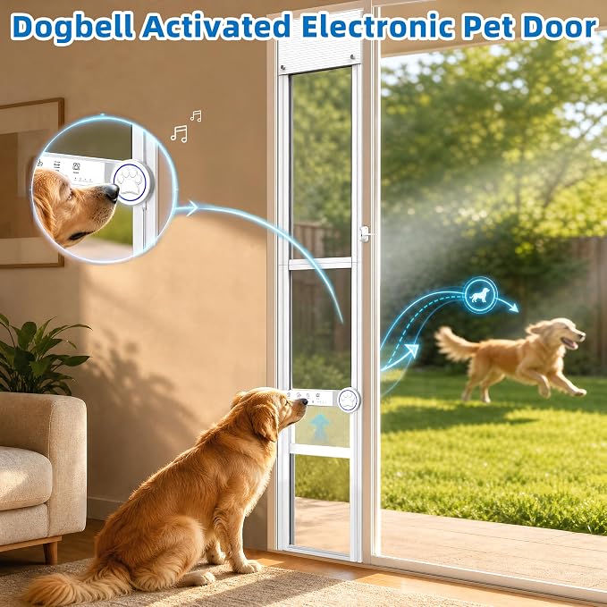 Automatic Doggy Door for Sliding Glass Doors,Doorbell Activation,No Collar | 4 Mode,Electric Sliding Door Dog Doors Insert,Aluminum Frame Patio Door Dog Door,Weatherproof,Anti-Pinch(78 5/16"-83 3/16" H)