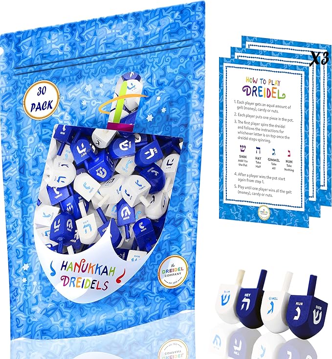 The Dreidel Company 25 Solid Blue & White Wooden Hand Painted Hanukkah Dreidels with English Transliteration - Includes 3 Detailed Game Instruction Cards (25-Pack)