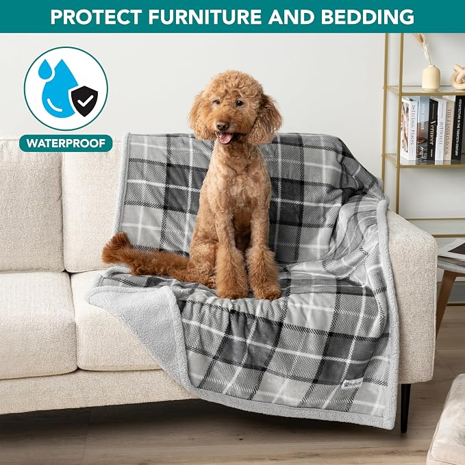 PetAmi Waterproof Dog Blanket for Large Pet Cat, 60x80, Plaid Light Grey | 460 GSM Sherpa Fleece Reversible, Pee Proof, Furniture Protector Cover for Couch Sofa Bed Kennel, Washable, Extra Large