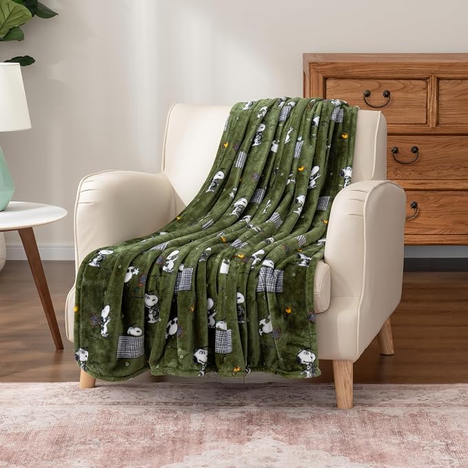 Berkshire Blanket Peanuts® VelvetLoft® Cute Character Snoopy Plush Oversized Throw Blanket, Peanuts Snoopy the Tennis Star Olive Green (50in x 60in)