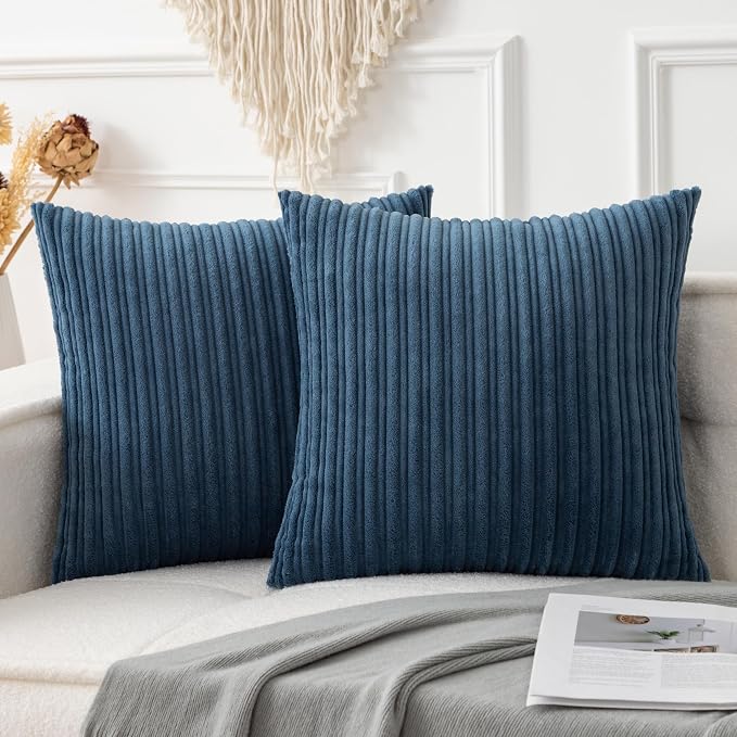 UGASA Velvet 20x20 Inch Soft Throw Pillow Covers Decorative Corduroy Striped Both Sides Solid Square Cushion Cases Boho Farmhouse for Couch Bedroom Sofa Home, Pack of 2, New-Dusty Blue