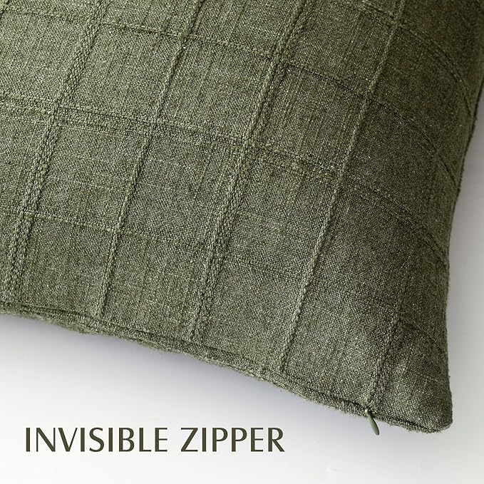 Foindtower Set of 2 Decorative Linen Check Throw Pillow Covers Neutral Farmhouse Vintage Cushion Covers Modern Boho Home Decor for Sofa Chair Couch Bedroom Living Room,24×24 Inch,Olive Green