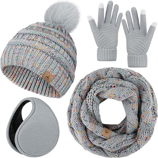 Winter Hat Scarf Gloves and Ear Warmer, Warm Knit Beanie Hat Touch Screen Gloves Set Winter Gifts Neck Scarves for Women