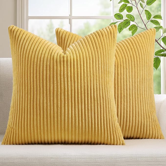 Mecatny Corduroy Fall Throw Pillow Covers 24x24 Set of 2 Mustard Yellow | Soft Striped Texture, Hidden Zipper Design, Neutral Boho Square Pillow Cases for Sofa Couch Living Room Bedroom, Home Décor