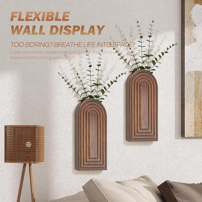 EOSAHR Rustic Wall Vase: Wall Planter for Hallway Decor for Entryway, Brown | 2Pcs, Pine Wood, Hanging Planter, Wall Art for Living Room, Farmhouse Wall Decor, Suit to Hold Pampas Grass