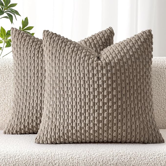 MIULEE Decorative Throw Pillow Covers 18x18 Neutral Brown Textured Corduroy | Pack of 2 Striped Pillow Covers Modern Farmhouse Fall Home Decor for Couch Bed Sofa Living Room