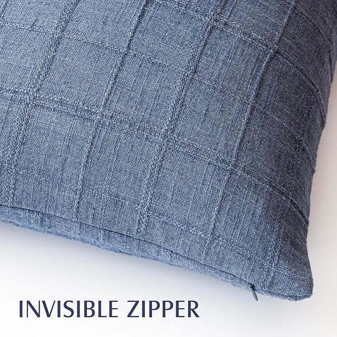 Foindtower Set of 2 Decorative Linen Check Throw Pillow Covers Neutral Farmhouse Vintage Cushion Covers Modern Coastal Boho Home Decor for Sofa Chair Couch Bedroom Living Room,26×26 Inch,Blue
