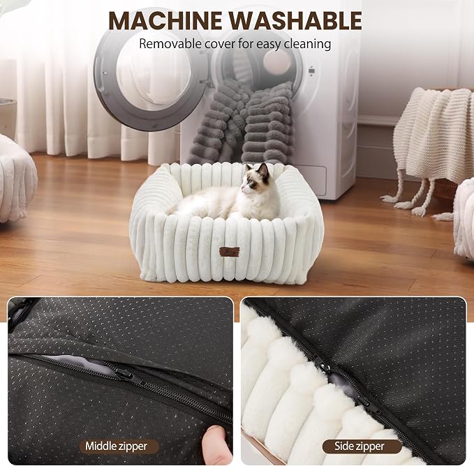 Cute Dog Bed for Small Dogs & Cats,Washable Fluffy Cat Beds for Indoor Cats, Rectangle Orthopedic Memory Foam Puppy Beds with Anti-Slip Bottom, 20 x19 x 6 Inches, Cream (20x19x6 inches)