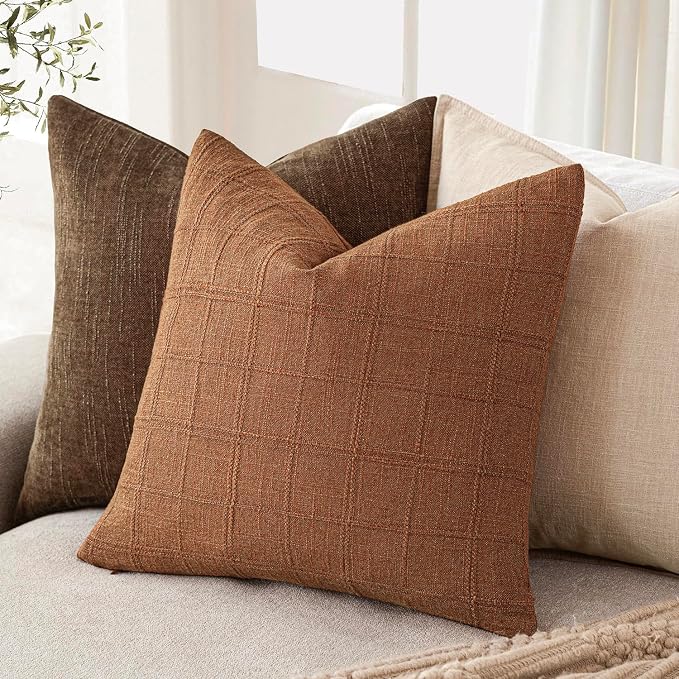Foindtower Set of 2 Decorative Linen Check Throw Pillow Covers Neutral Farmhouse Vintage Cushion Covers Modern Boho Home Decor for Sofa Chair Couch Bedroom Living Room,22×22 Inch,Orange
