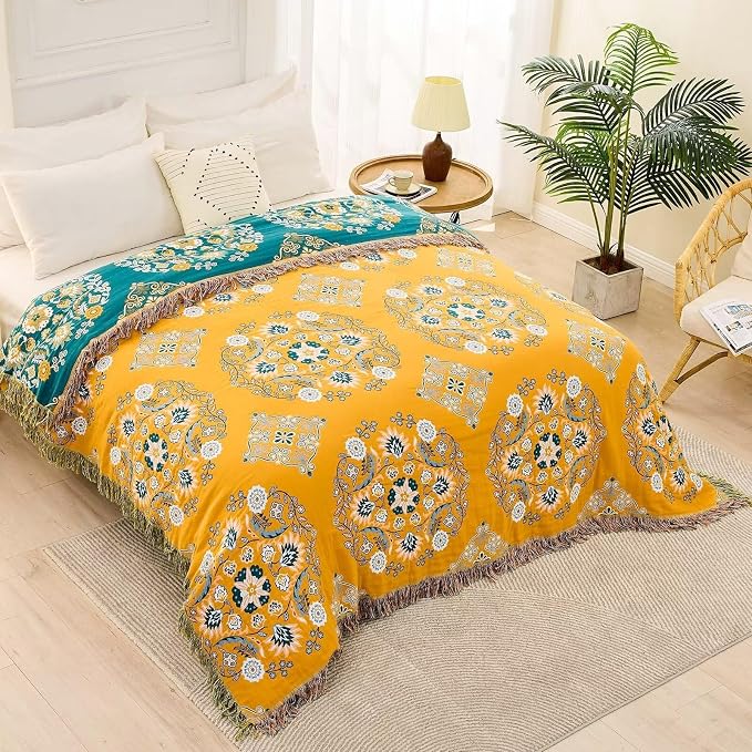 XIBLC Boho Throw Blanket, 100% Cotton Ultra Soft Luxury Throw Rustic Quilt, Floral Printed Farmhouse Decor Bed Summer Blankets, All Season Rustic Reversible Bohemian Throw for Bed (60"x80" Yellow