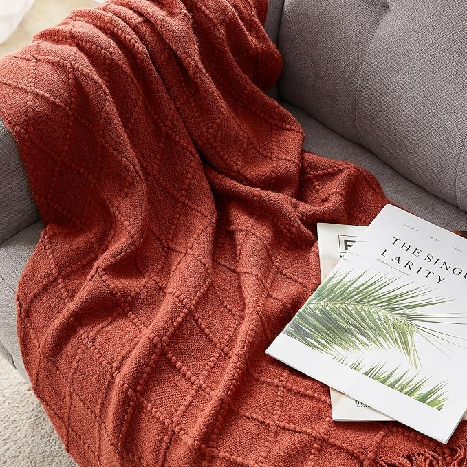 BOURINA Burgundy Throw Blanket 50 x90 Inches Throw Textured Solid Soft Sofa Throw Bed Runner Couch Cover Knitted Decorative Blanket Bed Runner