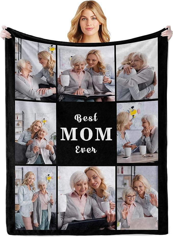 Best Mom Ever Custom Blankets Personalized Blanket with Photo Text | Customized Picture Throw Blanket for Family Mom Dad Sister Grandma Wife on Mother's Day, Christmas, Birthday, Anniversary