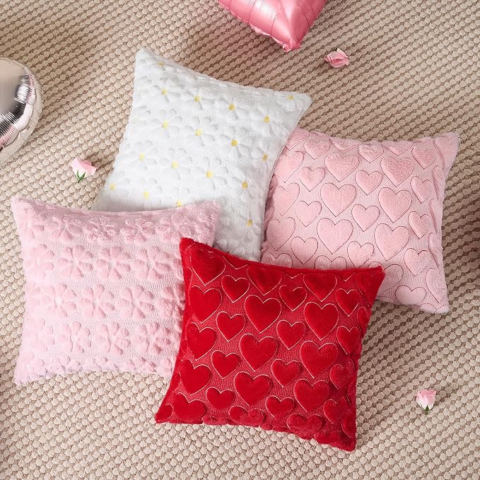 Softalker Spring Decorative Throw Pillow Covers 20 x 20 Inch Set of 2, Farmhouse Summer Floral Daisy Soft Faux Fur Cushion Covers, 3D Pillow Cases for Couch Bedroom Living Sofa Room Home Decor, Pink