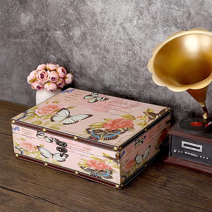 ELLDOO Butterfly Treasure Chest Box, Vintage Wooden Decorative Box | Treasure Storage for Jewelry Trinkets Photos, Rectangular Keepsakes box for Girls Women Gifts