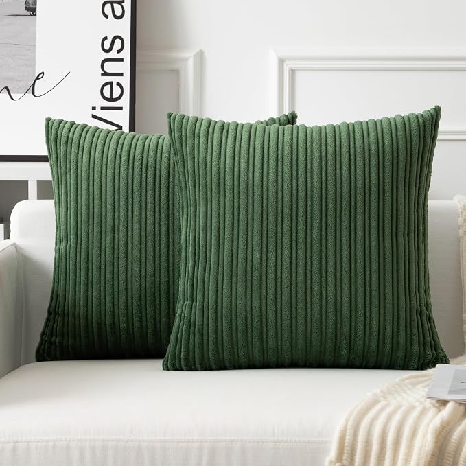 UGASA Velvet 20x20 Inch Soft Throw Pillow Covers Decorative Corduroy Striped Both Sides Solid Square Cushion Cases Boho Farmhouse for Couch Bedroom Sofa Home, Pack of 2, Moss Green