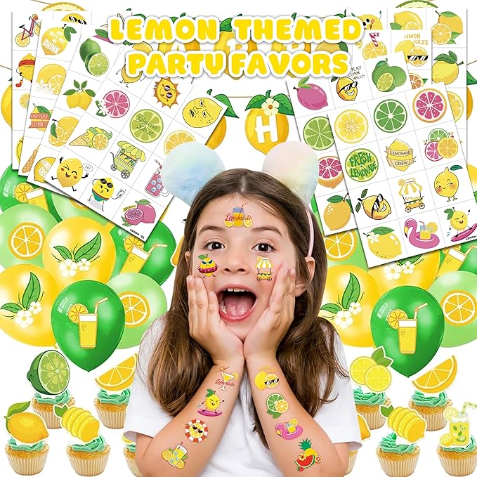 96 PCS Lemon Pre-Cut Temporary Tattoos for Kids | Super Cute Themed Birthday Party Favors, Supplies, Decorations, Funny Lemonade Lime Fake Tattoo Stickers, School Prizes & Gifts Boys & Girls & Rewards