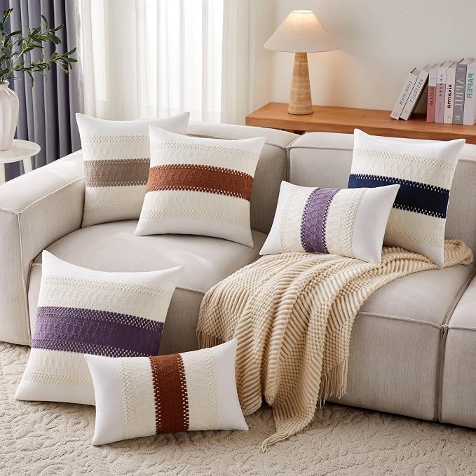 2pk Boho Pillow Covers 12x20, Natural White/Contrast/Terracota | 100% Organic Cotton Body, Stripe Embroidery, Farmhouse Decorative Cushion Covers for Sofa Bed Living Room Home Decor