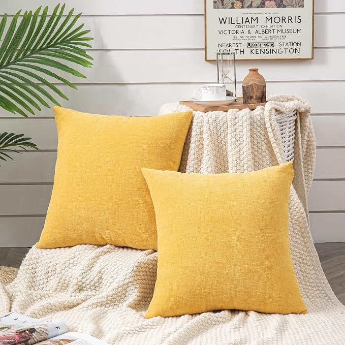 GAWAMAY Decorative Throw Pillow Covers 16x16 Inch Set of 2, Super Soft Chenille Square Pillows Farmhouse Fall Pillowcase for Living Room Bedroom Sofa Couch Cushion Cover Mustard Yellow 40x40cm