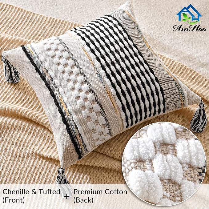 Chenille Striped Textured Boho Throw Pillow Covers Aesthetic with Tassels Woven Decorative Pillow Case for Couch Bed Sofa Bedroom Modern Funky 18 x 18-Inch Black